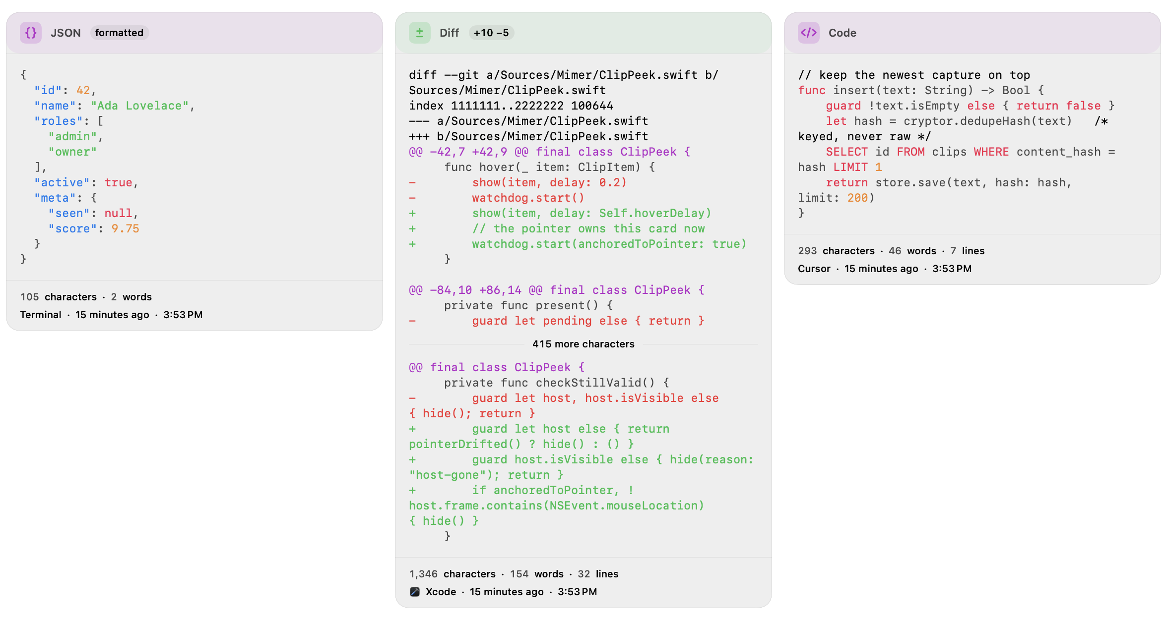 Three Mimer hover preview cards: JSON re-wrapped for reading, a diff with coloured +/- lines, and code with comments, keywords and strings