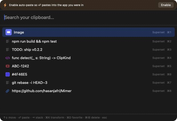 Filtering Mimer clipboard history by typing a query