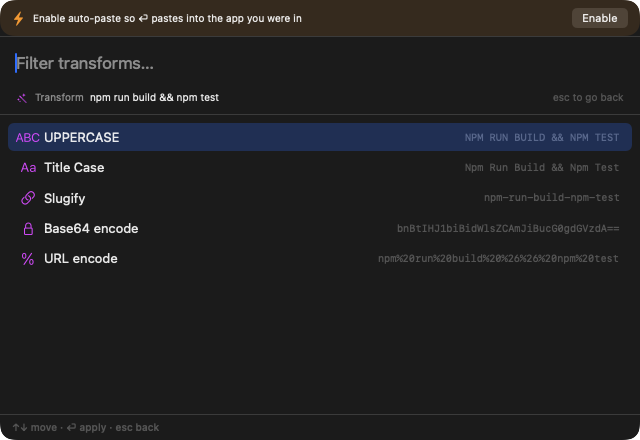 Mimer ⌘K transform menu showing live previews for a selected clip